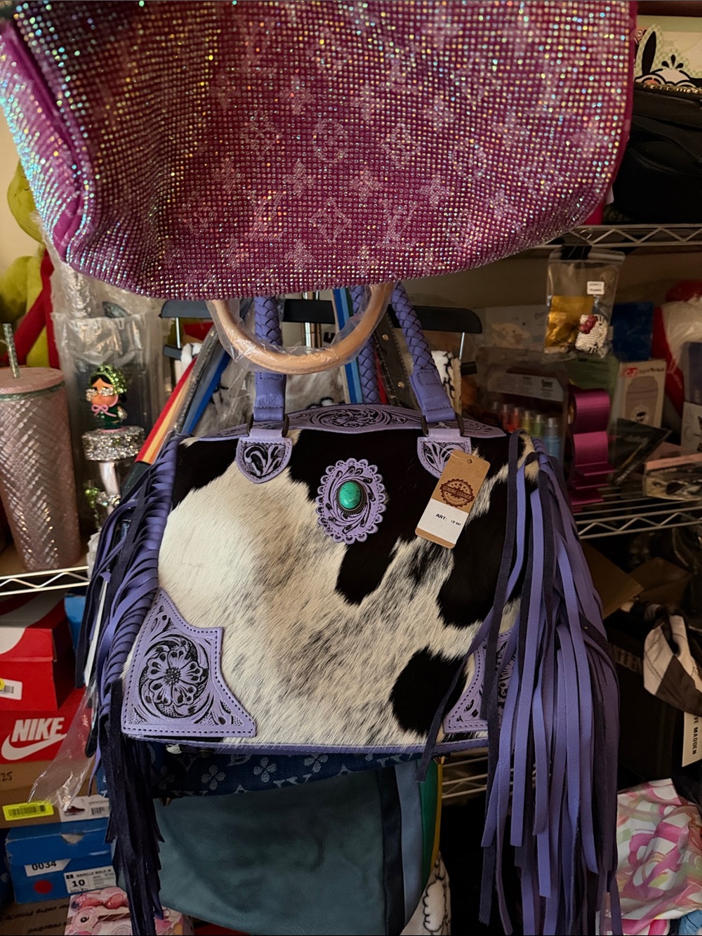 Lavender Fringe Cowhide Shoulder Bag with Turquoise Accent